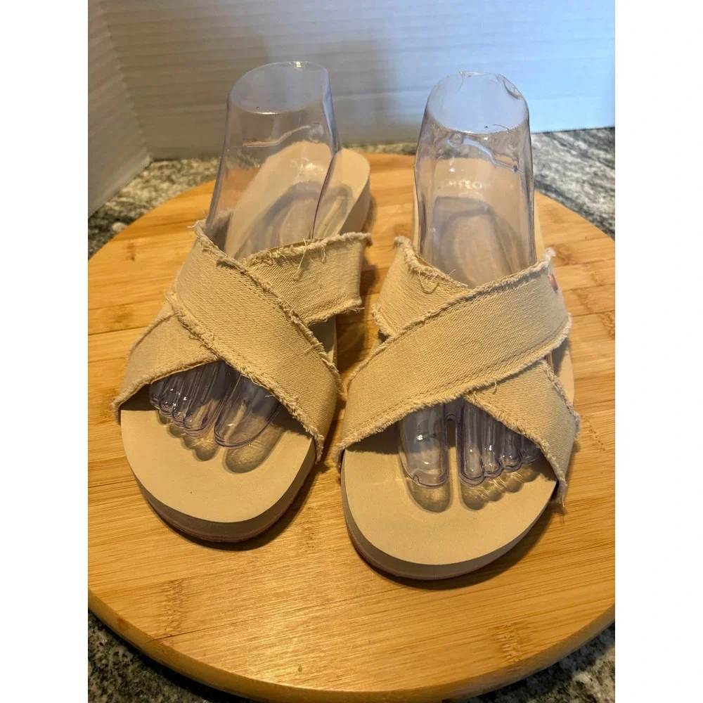 Vionic Beach Panama Tan Canvas Frayed Cross Strap Slide Sandals Womens 11